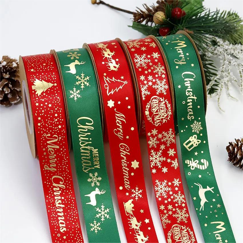 Custom Gold Foil Ribbons Merry Christmas Deer Santa Claus Printed 25mm satin Christmas Ribbon Roll f